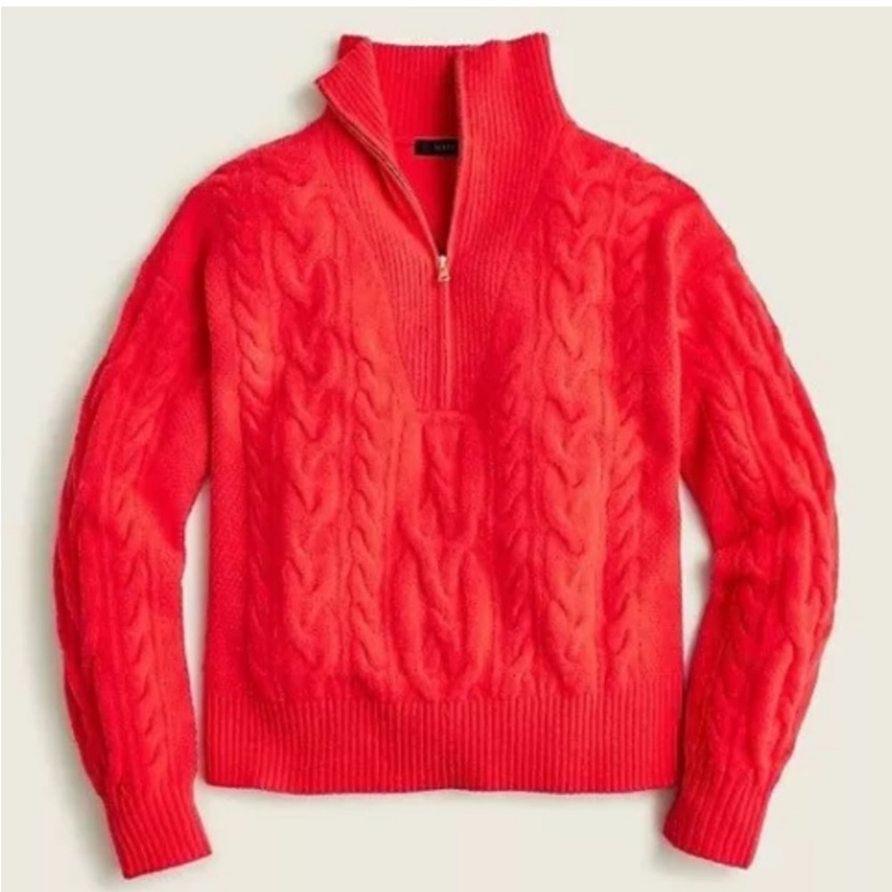 J.CREW  Cable knit half-zip sweater bright cerise super soft yarn.